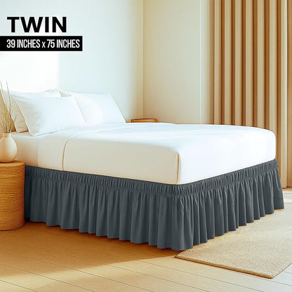 Wrap Around Ruffle Twin Size Bed Skirt – Adjustable Buckle & Elastic Belt for Easy Installation, 15 Inch Drop – Brushed Microfiber - Machine Washable, Fade and Wrinkle Resistant, Grey
