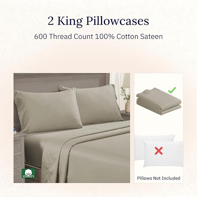 Luxuriously Soft Premium 600 Thread Count, 100% Cotton Set of 2 Cases, Crisp King Size Pillow Cases 2Pc, Fits King Pillows (Cool Taupe)