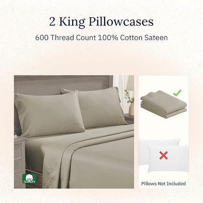 Luxuriously Soft Premium 600 Thread Count, 100% Cotton Set of 2 Cases, Crisp King Size Pillow Cases 2Pc, Fits King Pillows (Cool Taupe)