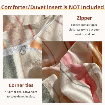 EAVD Retro Striped Duvet Cover Full Soft 100% Washed Cotton 3-Piece Vintage Multicolor Striped Pattern Bedding Set with 2 Pillowcases Reversible Geometric Pattern Duvet Cover with Zipper Closure