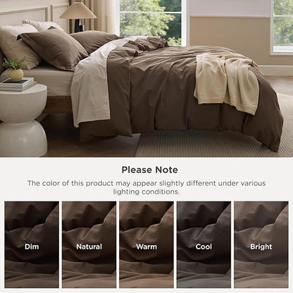 Bedsure 100% Washed Cotton Duvet Cover King Size - Brown Minimalist Bedding Set Linen Like - PureWoven Plain Simple & Soft Comforter Cover for All Seasons (Brown, King, 104"x90")