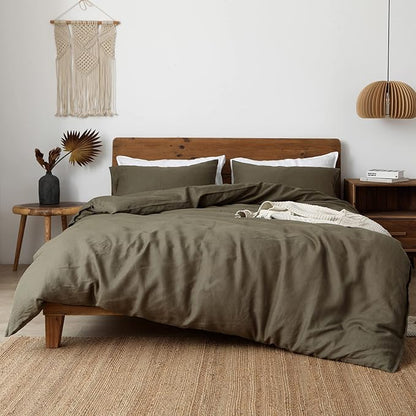 XZ XIFA Olive Green 100% Linen Queen Size Bedding Set, Cooling Duvet Cover with Natural Washed French Flax，Soft,Breathable,Textured,Fluffy Duvet Cover (1 Duvet Cover,2 Pillow Shams)