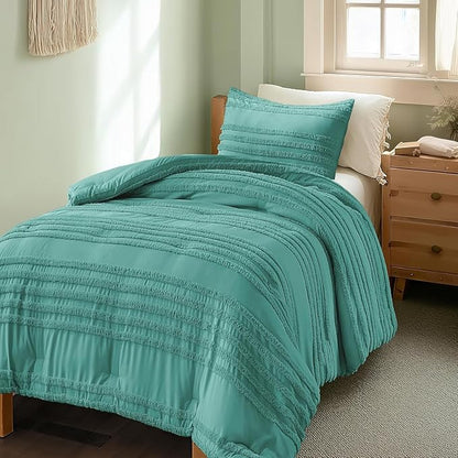 BEDELITE Boho Twin/Twin XL Comforter Set，Aqua Tufted Striped Bed Set 2 Pieces, Soft Vintage Farmhouse Comforter for College, Boho Home Dorm Decor, Fluffy Jacquard Bedding with 1 Pillow Sham