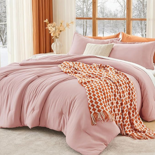 MUXHOMO King Size Comforter Set, All Season Ultra Soft Down Alternative Bedding - 3 Piece Lightweight Bed Set Includes 1 Comforter (104"x90") and 2 Pillow Shams (20"x36"), Rose Gold