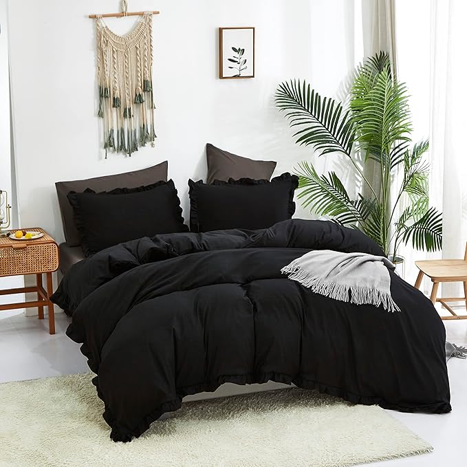 CLOTHKNOW Black King Size Comforter Set 3Pcs Ruffle Bedding Comforter Sets Soft Shabby Chic Farmhouse Comforter with 2 x Pillowcases