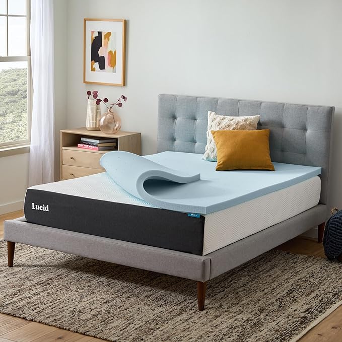 Lucid 2 Inch Memory Foam Mattress Topper, Twin Size – Cooling Gel Bed Topper – Pressure-Relieving Plush Feel – Ventilated Breathable Design – CertiPur Certified - Dorm Essentials