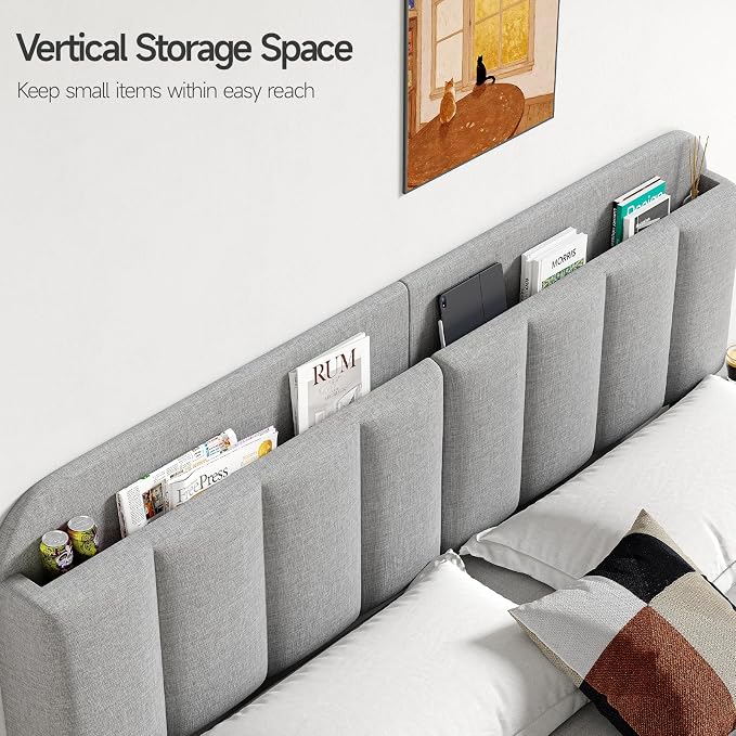 Adjustable Headboard for King/California King Size Bed Frame, Linen Fabric Bed Headboard with Storage & RGB LED Light in Modern Vertical Channel Design, Light Grey
