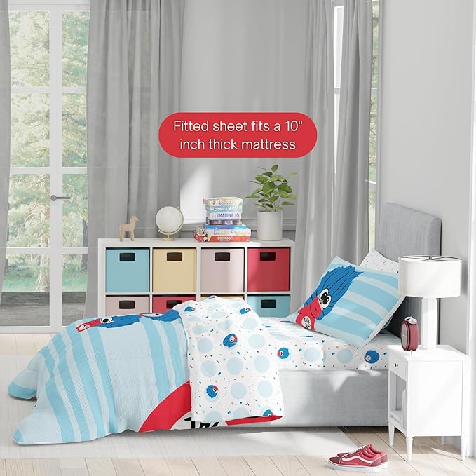 Dr Seuss The Cat in The Hat Movie Bedding Set, Twin Size 4 Piece Kids Super Soft Cozy Reversible Comforter and Sheet Set, Thing 1, Thing 2, Thing 3 (Officially Licensed Product) By Franco | Durable, Reversible, Officially Licensed