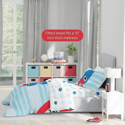 Dr Seuss The Cat in The Hat Movie Bedding Set, Twin Size 4 Piece Kids Super Soft Cozy Reversible Comforter and Sheet Set, Thing 1, Thing 2, Thing 3 (Officially Licensed Product) By Franco | Durable, Reversible, Officially Licensed