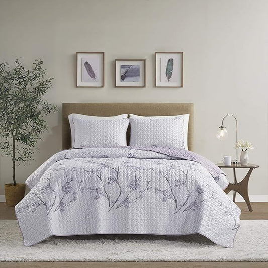Comfort Spaces Reversible Quilt Set-Vermicelli Stitching Design All Season, Lightweight, Coverlet Bedspread Bedding, Matching Shams, Full/Queen (90 in x 90 in), Kate Floral Purple 3 Piece