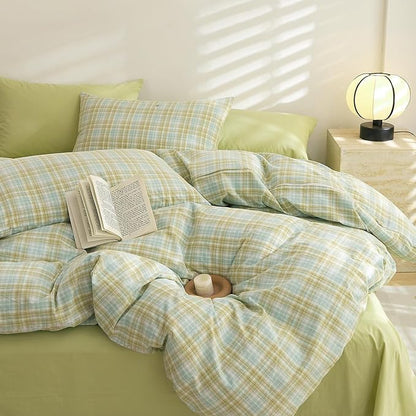 EAVD Gingham Duvet Cover Twin Multicolor Soft Washed Cotton Reversible Grid Plaid Duvet Cover Set with 2 Pillowcases Modern Farmhouse Gingham Bedding Set with Zipper Closure