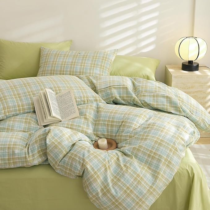 EAVD Vintage Style Yellow&Green Plaid Comforter Set Queen Soft Washed Cotton Grid Checkered Comforter Set Retro Gingham Bedding Set with 2 Pillowcases Farmhouse Gingham Comforter Set for All-Season