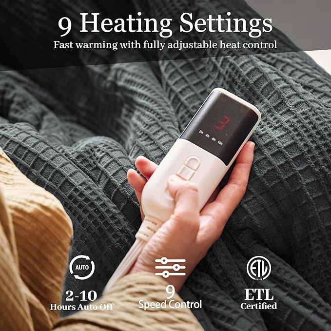 Electric Blanket Twin Size 62''X84'' - Heated Blanket with Single Control Fast Heating 9 Heating Levels & 10 Hours Auto Off,ETL Certified Machine Washable (Black)