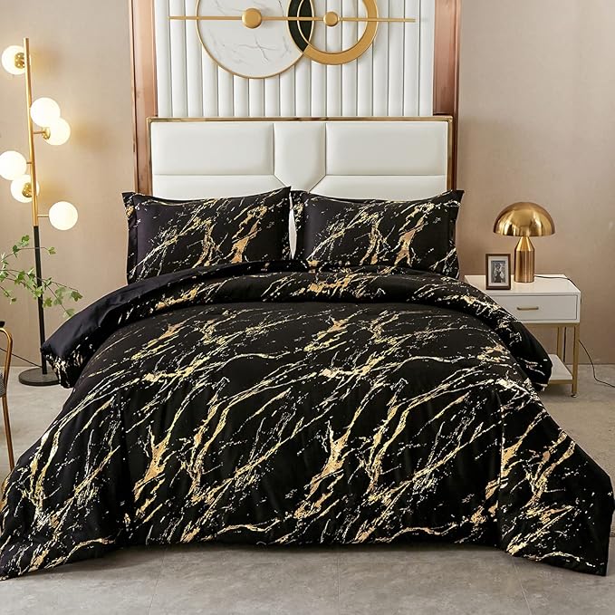 WONGS BEDDING Black Gold Metallic Marble Comforter Set Queen Foil Print Glitter Bedding Sets with 2 Pillowcases for All Seasons, Soft Microfiber Filling Bedding Duvet Set 90"x90"