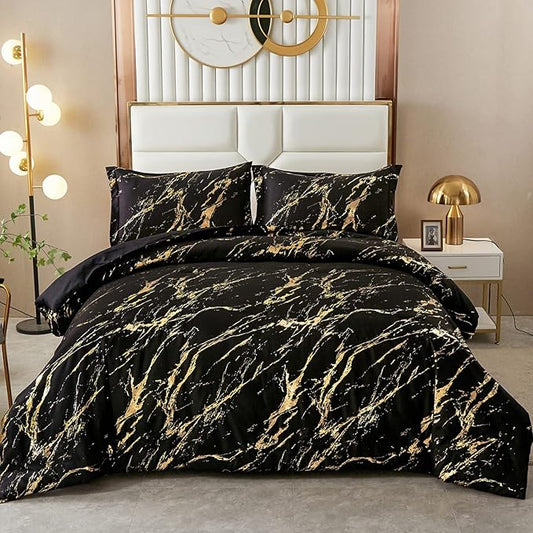 WONGS BEDDING Black Gold Metallic Marble Comforter Set King Foil Print Glitter Bedding Sets with 2 Pillowcases for All Seasons, Soft Microfiber Filling Bedding Duvet Set 103"x90"