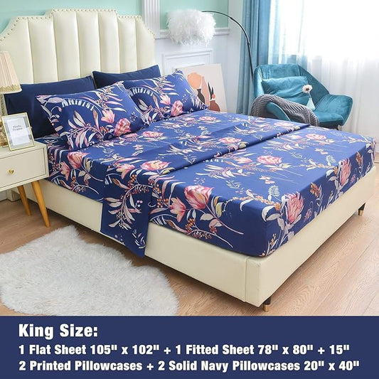 JSD Navy Blue Floral Printed King Sheet Set, 6 Piece Botanical Pattern Microfiber Sheets Extra Deep Pocket