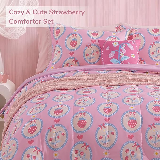 Twin Comforter Set for Girls-3 Pieces Pink Strawberry Twin Bedding Sets for Kids,1 Comforter,1 Sham and 1 Decor Pillow