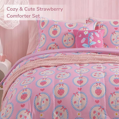 Twin Comforter Set for Girls-3 Pieces Pink Strawberry Twin Bedding Sets for Kids,1 Comforter,1 Sham and 1 Decor Pillow