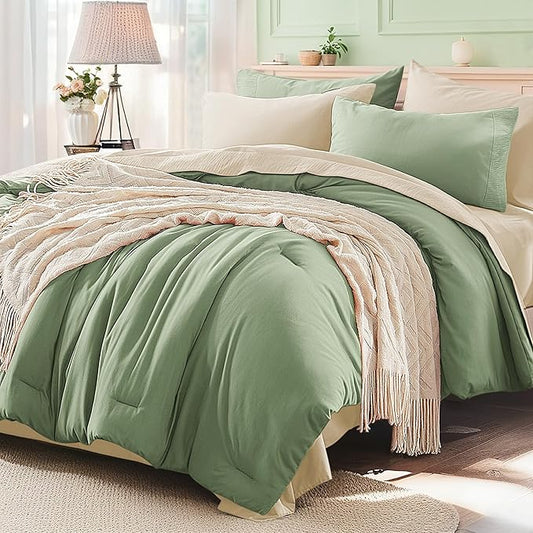 Anluoer Sage and Cream Queen Comforter Set 7 Pieces, Bed in a Bag with Sheets, All Season Bedding Sets with 1 Comforter, 2 Pillow Shams, 2 Pillowcases, 1 Flat Sheet, 1 Fitted Sheet