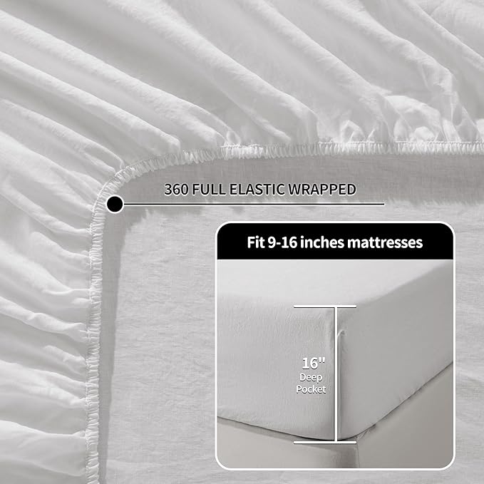 LBRO2M 100% Pure Linen Sheet Set Deep Pocket Up to 16" Bed Sheets Sets, Natural Flax Beddings Soft, Breathable, Comfortable for All Seasons 6 Pcs Sheet Set Cal King Size, White