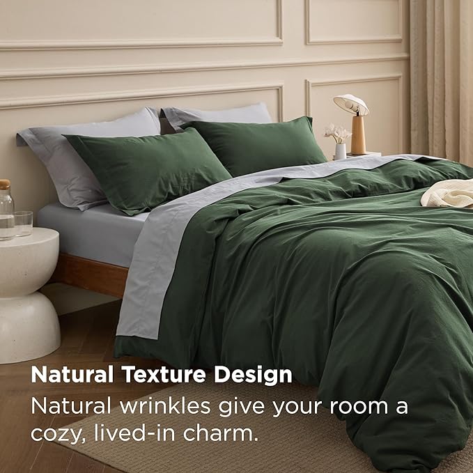 Bedsure 100% Washed Cotton Duvet Cover King Size - Olive Green Minimalist Bedding Set Linen Like - PureWoven Plain Simple & Soft Comforter Cover for All Seasons (Olive Green, King, 104"x90")