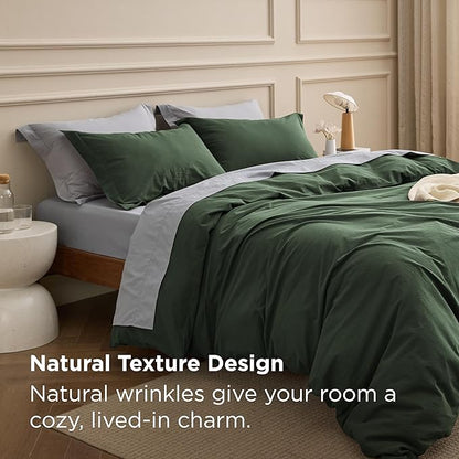 Bedsure 100% Washed Cotton Duvet Cover King Size - Olive Green Minimalist Bedding Set Linen Like - PureWoven Plain Simple & Soft Comforter Cover for All Seasons (Olive Green, King, 104"x90")