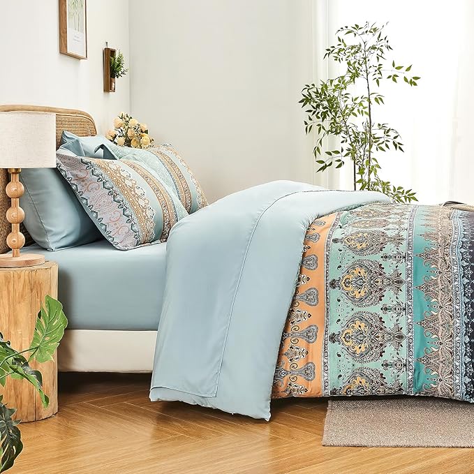 Boho Comforter Set Queen - 7 Pieces Bed in a Bag, Bohemian Striped Comforter Set with Sheets, Soft Microfiber Sage Green Floral Bedding Set for All Season
