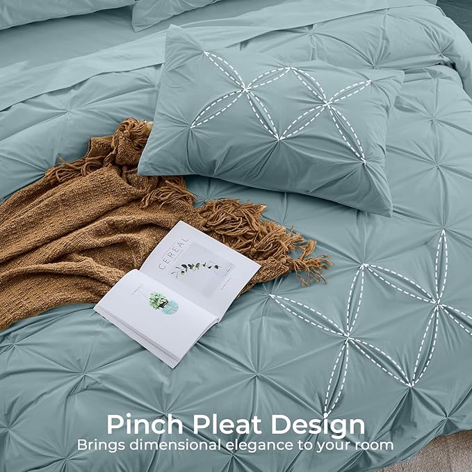 Sasttie California King Comforter Set, 7-Piece Bed in a Bag, Pintuck Bedding Sets for All Season, Includes Comforter, Flat Sheet, Fitted Sheet, Pillowcases and Pillowshams, Greyish Blue