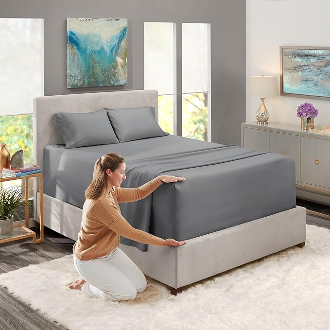 Nestl Queen Size Sheet Set, 4 Piece Extra Deep Pocket (18-24 inches), Microfiber, Cooling, Hotel Luxury, Soft, Breathable, Wrinkle-Free, Easy to Care, Grey