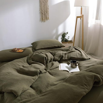 mixinni Olive Green Waffle Weave Duvet Cover Set Queen, 3-Piece 100% Natural Washed Cotton Triple-Layer Gauze Solid Bedding Set, Soft Breathable Minimalist Comforter Cover with Zipper & Ties-Queen