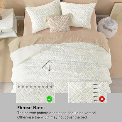 Litanika Super King Comforter Ivory, 3 Pieces Tufted Boho Farmhouse Bedding Comforter Set, Lightweight Fluffy All Season Comforter Set (120x120In Comforter & 2 Pillowcases)