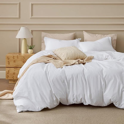 Bedsure 100% Washed Cotton Duvet Cover Oversized King - Bright White Minimalist Cotton Duvet Cover Linen Like for All Seasons - Plain Simple Bedding Set (Bright White, Oversized King, 120"x98")