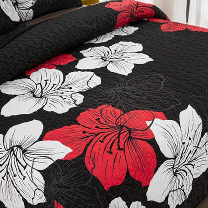 DJY 3 Pieces Quilt Set Queen Red Floral Pattern Quilt Coverlet Set Elegant Boho Bedspread with 2 Pillow Shams Lightweight Microfiber Bedding Quilt Set for All Season (Black, 90"x96")
