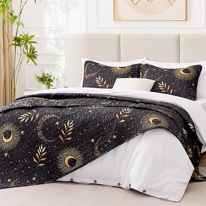 EXQ Home Quilt Set Full Queen Size Black Print 3 Piece,Lightweight Soft Coverlet Modern Style Moon Pattern Bedspread Set(1 Quilt,2 Pillow Shams)