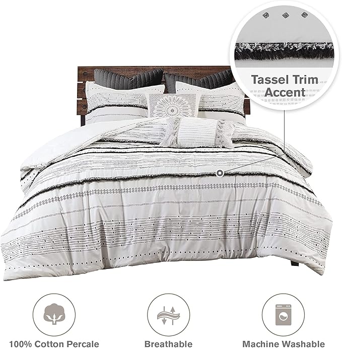 INK+IVY Nea 100% Cotton Duvet Set Mid Century Modern Design, All Season Comforter Cover Bedding Set, Matching Shams, King/Cal King, Stripes Teasel White 3 Piece