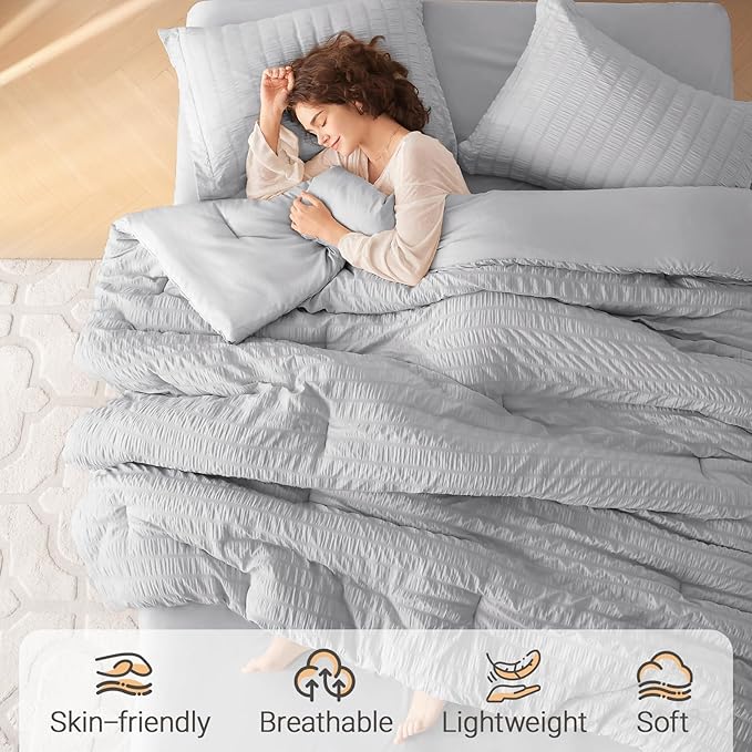 MUXHOMO 5 Pieces Twin XL Comforter Set, Seersucker Bed in a Bag Twin XL Size, All Season Luxury Bedding Set with Comforter, Flat Sheet, Fitted Sheet, Pillowcase & Sham, Light Grey