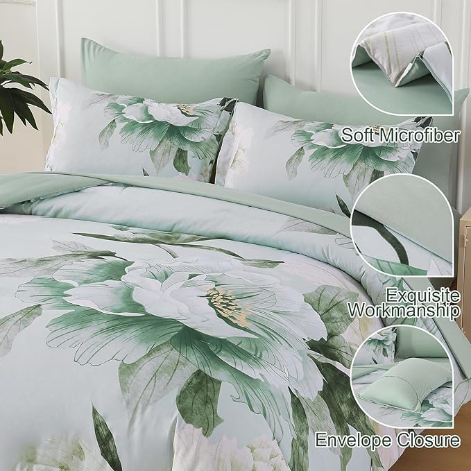 Dobuyly Floral Comforter Set Queen 7 Piece Bed in a Bag, Sage Green Reversible Comforter Set with Sheets, Soft Microfiber Botanical Flowers Summer Bedding Set for All Season