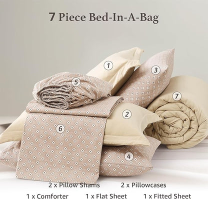 Monbix Queen Comforter Set - 7 Pieces Oatmeal Prewashed Bed in a Bag Queen Bedding Sets with Comforters, All Seasons Ultra Soft Comforter Bed Set with Sheets,Pillowcases & Shams