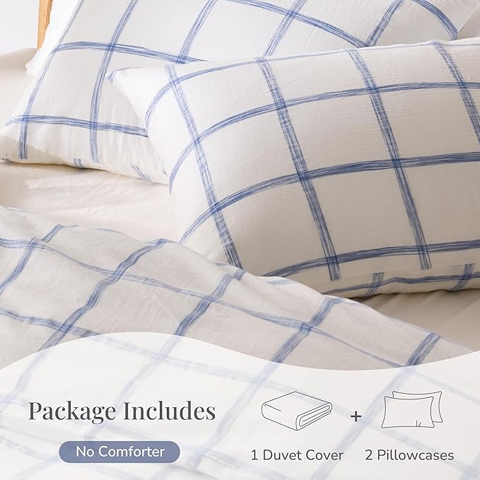 Blue Plaid Duvet Cover Queen Size, 100% Soft Washed Cotton Queen Duvet Cover Set 3 Pieces with Zipper Clousre & Corner Buttons (White/Blue Plaid, Queen 90 x 90)