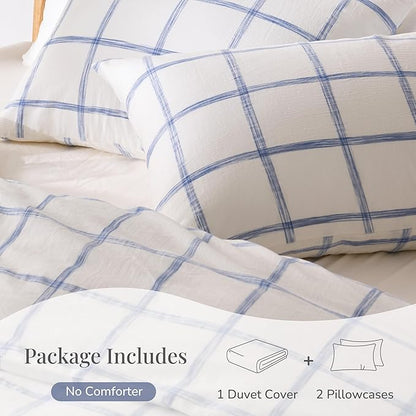 Blue Plaid Duvet Cover Queen Size, 100% Soft Washed Cotton Queen Duvet Cover Set 3 Pieces with Zipper Clousre & Corner Buttons (White/Blue Plaid, Queen 90 x 90)