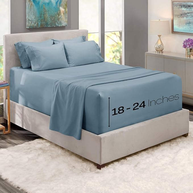 Hearth & Harbor Bed Sheets, Luxury Soft 6 Piece Bed Sheet Set Extra Deep Pocket Fitted Sheets Fits Mattress up to 21", Double Brushed Bedding Sheets & Pillowcases, King, Soft Blue