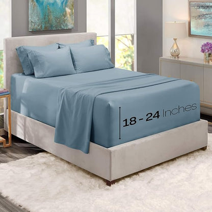 Hearth & Harbor Bed Sheets, Luxury Soft 6 Piece Bed Sheet Set Extra Deep Pocket Fitted Sheets Fits Mattress up to 21", Double Brushed Bedding Sheets & Pillowcases, King, Soft Blue
