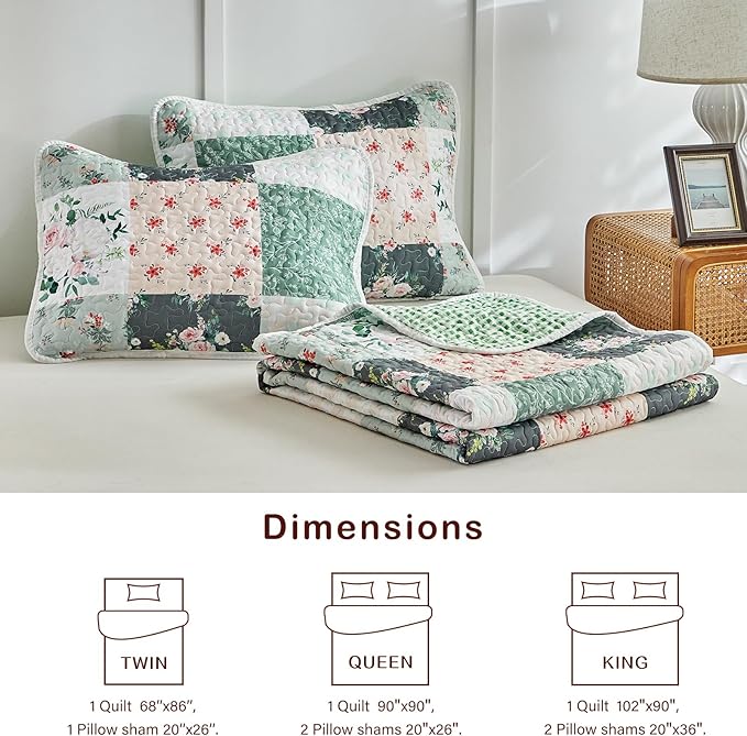 Joyreap 3 Pieces Floral Patchwork Quilt Set California King, 102x114 inches- Green n White Floral Design, Smooth Soft Microfiber Quilt, Bedspread Bed Cover for All Season