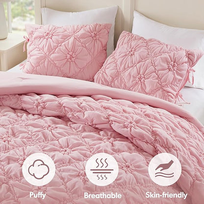 Intelligent Design Queen Comforter Set – Pink Lily Puffy Floral Shabby Chic Boho Bedding, Ultra-Soft, Lightweight & All-Season, Full/Queen