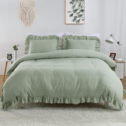 Ruffle Duvet Cover King Size, 3PCS Soft Washed Microfiber Vintage French Country Duvet Cover Set with Button Closure, Sage Green, 104x90 in