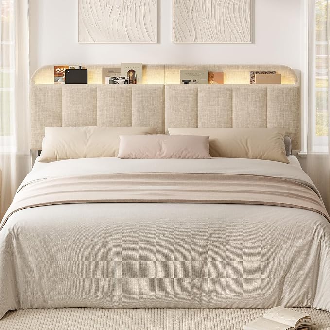Headboard for King/California King Size Bed, Upholstered Bed HeadBoard with Storage, Linen Fabric Head Board with Vertical Channel Design, Height Adjustable, Easy to Assemble, Beige