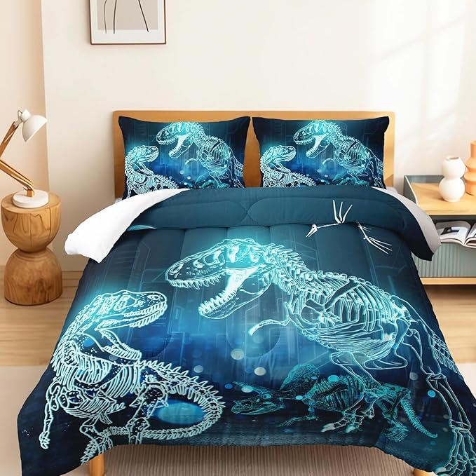 Dinosaur Comforter Set for Teens Boys Girls,Dino Eyes 3 Pieces Bedding Set King,Dark Blue Lightweight Down Alternative Bedding Sets for All Season