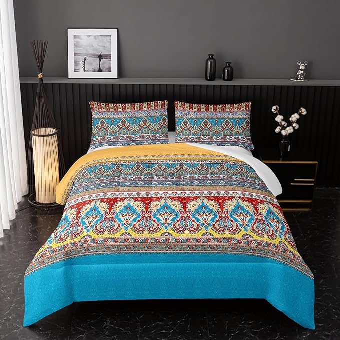 Paisley Bohemian Comforter Sets Full Size,Colorful Boho Chic Medallion Exotic Bedding Set for Your Room,Abstract Soft Lightweight Quilted Set All Season,1 Comforter and 2 Pillowcases