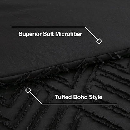 Litanika Super King Plus Comforter Black, 3 Pieces Tufted Boho Farmhouse Bedding Comforter Set, Lightweight Fluffy All Season Comforter Set (120x128In Comforter & 2 Pillowcases)