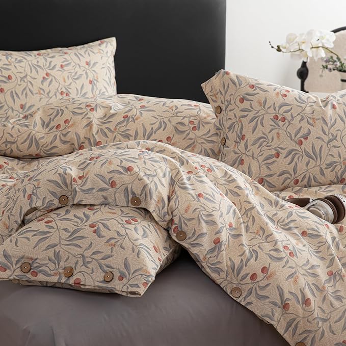 mixinni Cotton Linen Floral Duvet Cover Set, Vintage Botanical Print Comforter Cover with Wooden Buttons,Soft Breathable Blue Red Floral Boho Farmhouse Bedding Set for All Season-Queen Size